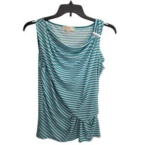 Michael Michael Kors Shirt Womens Large Teal White Stripe Draped Sleeveless Knot